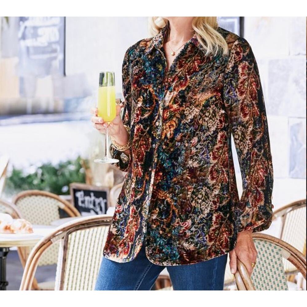 Soft Surroundings Icon Silk Blend Velvet Poets Button Up velour  Fall size L